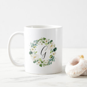 Taza De Café Monograma floral blanco de la guirnalda