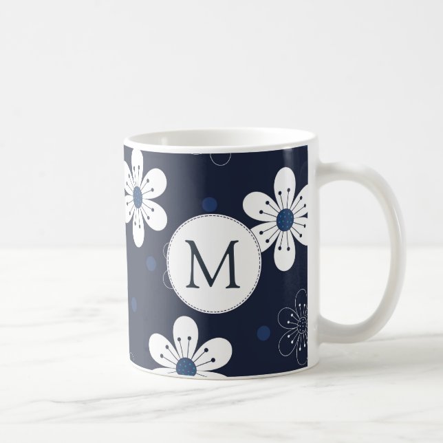 Taza De Café Monograma floral Bonito azul de la marina (Derecha)