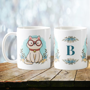 Taza De Café Monograma floral con gafas de gato curado