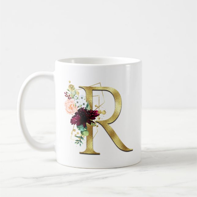 Taza De Café Monograma Floral con R de Letra Dorada Elegante co (Izquierda)