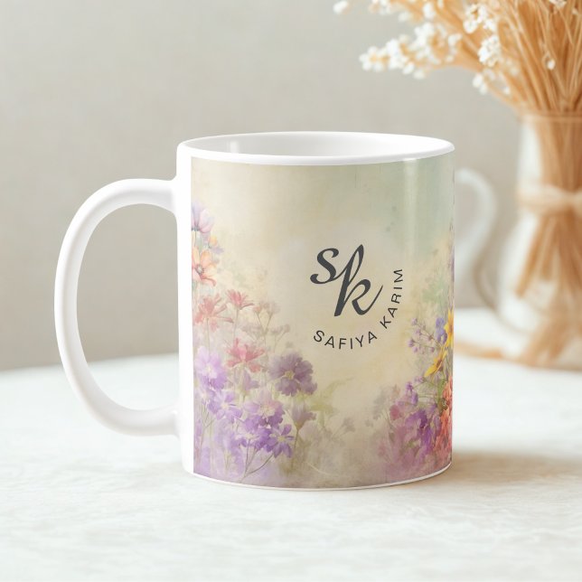 Taza De Café Monograma floral de acuarela personalizada (Subido por el creador)