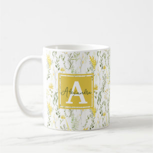 Taza De Café Monograma floral de flores silvestres amarillo agu