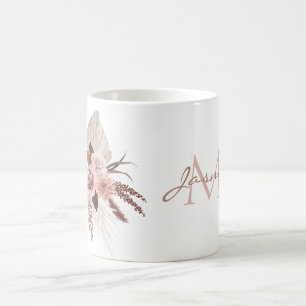 Taza De Café Monograma floral de hierba de Pampas rosa Boho Blu