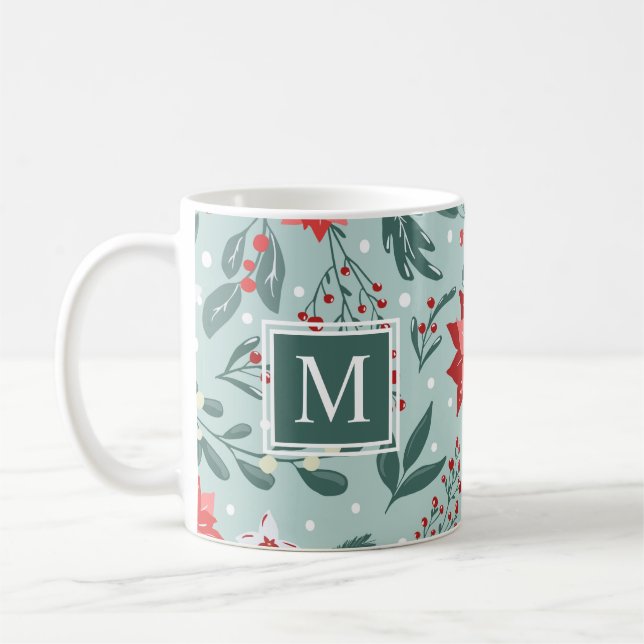 Taza De Café Monograma floral de Poinsettias y Berries modernos (Izquierda)