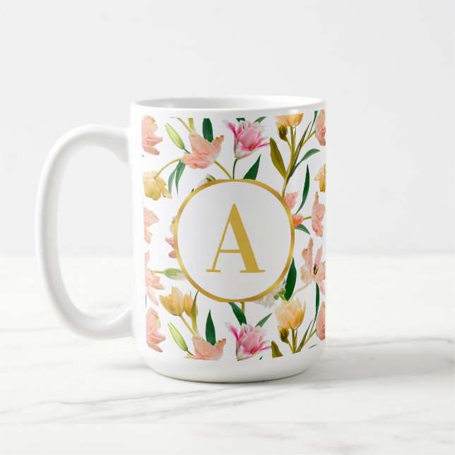 Taza De Café Monograma floral de primavera elegante con acento  (Izquierda)