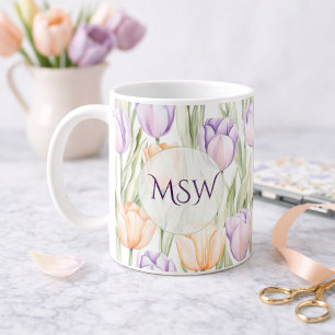 Taza De Café Monograma Floral de Primavera Tulipanes Purpura Me