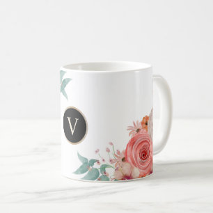 Taza De Café Monograma floral de rosa roja Personalizado