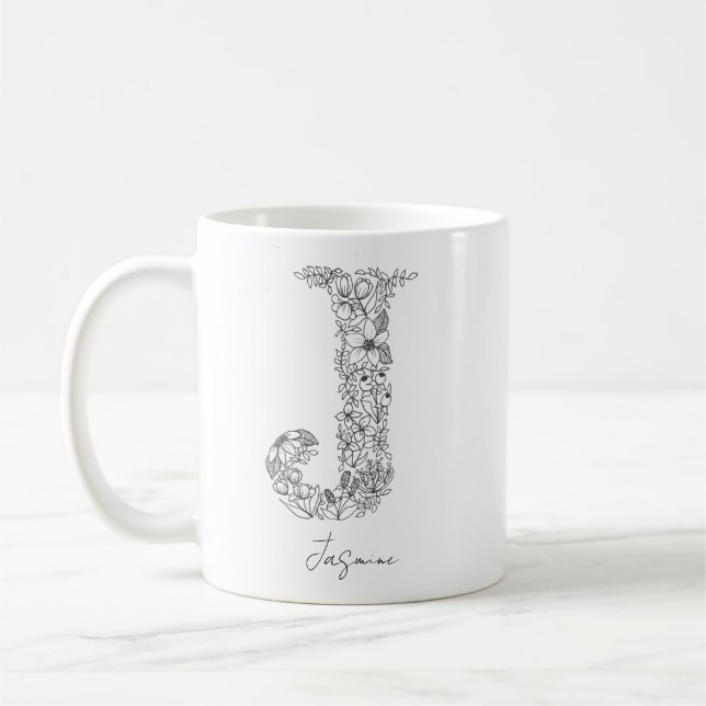 Taza De Café Monograma Floral Frasco Blanco Negro Letra J (Izquierda)