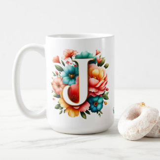 Taza De Café Monograma floral J con flores pastel