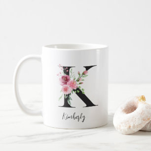 Taza De Café Monograma Floral K Acuarela Nombre