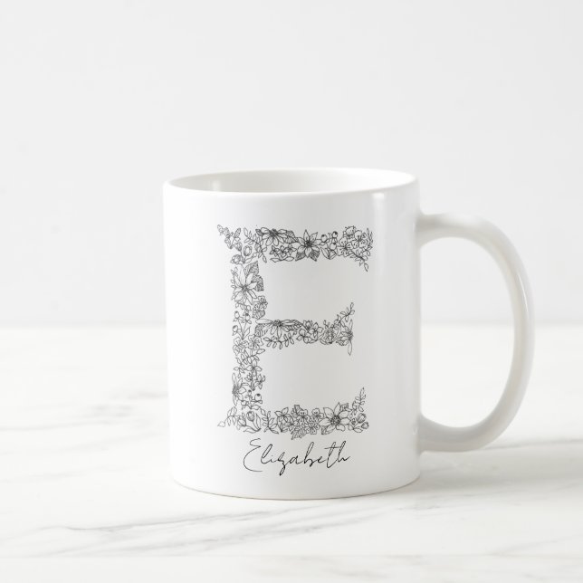 Taza De Café Monograma Floral Letra blanca negra bruta E (Derecha)