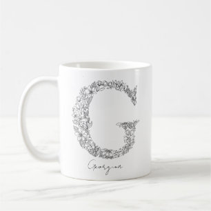 Taza De Café Monograma Floral Letra blanca negra bruta G
