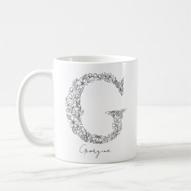 Taza De Café Monograma Floral Letra blanca negra bruta G (Izquierda)