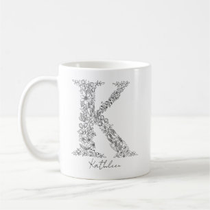 Taza De Café Monograma Floral Letra blanca negra bruta K
