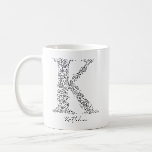 Taza De Café Monograma Floral Letra blanca negra bruta K (Izquierda)