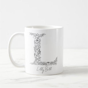 Taza De Café Monograma Floral Letra blanca negra bruta L