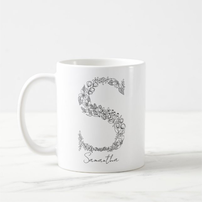 Taza De Café Monograma Floral Letra blanca negra bruta S (Izquierda)