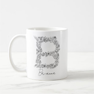 Taza De Café Monograma Floral Letra bruta negra y blanca B
