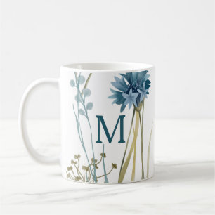 Taza De Café Monograma Floral Luz Azul Oro en Blanco