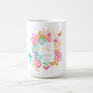 Taza De Café Monograma floral místico florecido blanco