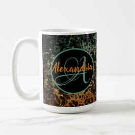 Taza De Café Monograma floral negro verde y negro naranja