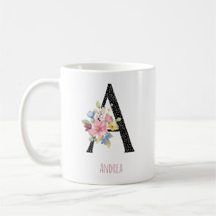 Taza De Café Monograma Floral Nombre A Lunares Negros