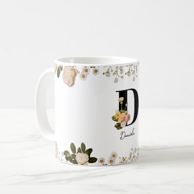 Taza De Café Monograma Floral Pastel 'D' Mug Inicial (Anverso izquierdo)
