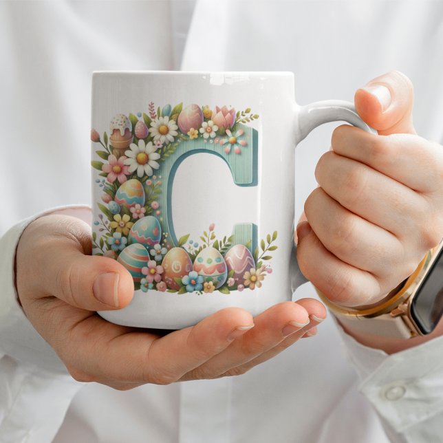 Taza De Café Monograma floral personalizado de Pascua con nombr (Subido por el creador)