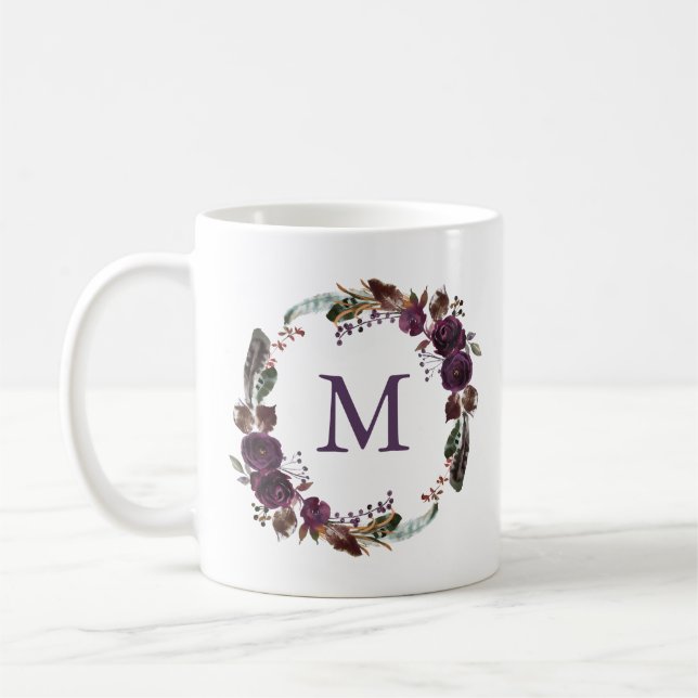 Taza De Café Monograma floral real salvaje de la floración el | (Izquierda)