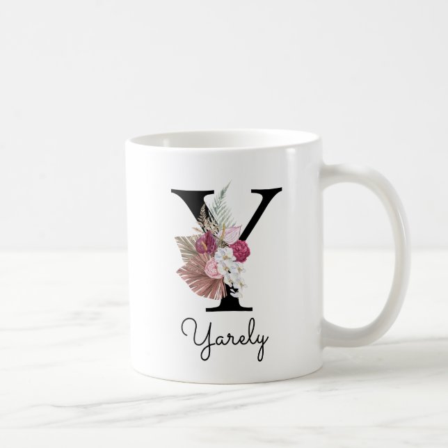 Taza De Café Monograma Floral Rosa Inicial W Café Y (Derecha)