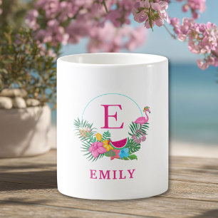 Taza De Café Monograma floral tropical Flamingo personalizado