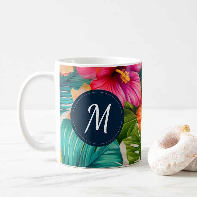 Taza De Café Monograma Floral Tropical Hibiscus (Con donut)
