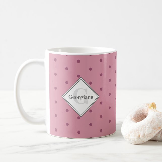 Taza De Café Monograma Geometric Dusky Rosa puntos de Polka Roj (Con donut)