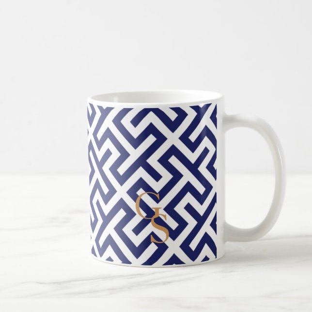 Taza De Café Monograma geométrico abstracto azul moderno de los (Derecha)