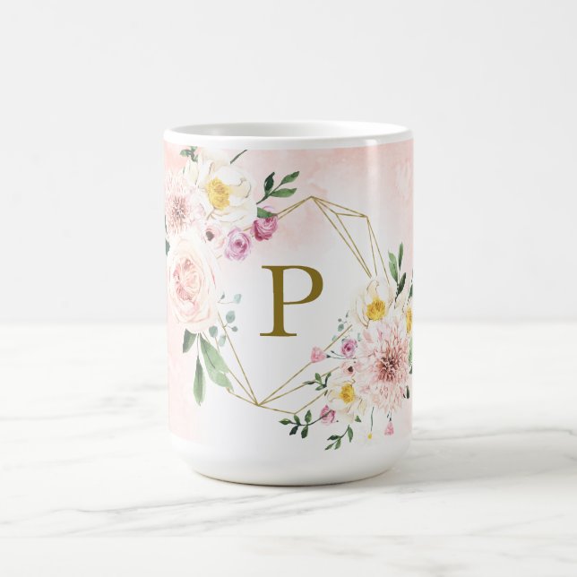 Taza De Café Monograma Geométrico De Oro Floral De Rubor Rosa (Centro)