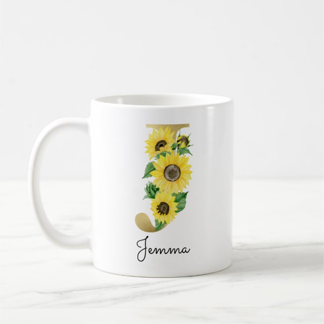 Taza De Café Monograma girasoles dorados inicial J floral femen (Izquierda)