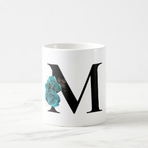Taza De Café Monograma Glam Floral Turquesa Brillo Dorado