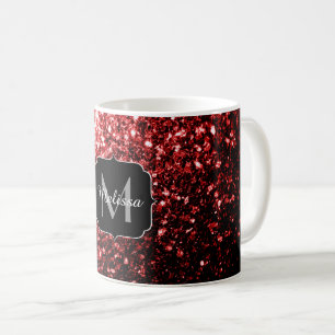 Taza De Café Monograma Glamour de brillo falso Rojo Oscuro