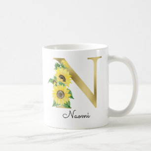 Taza De Café Monograma Gold Giral Giro Floral Inicial N