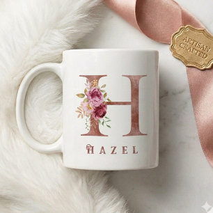 Taza De Café Monograma H Floral en Rosa Dorado Personalizado