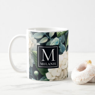Taza De Café Monograma Hidrangea blanca Nombre personalizado