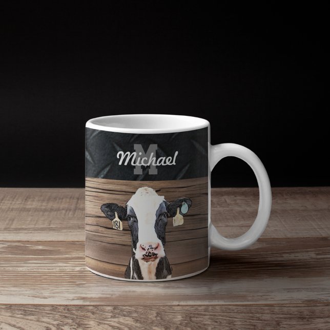 Taza De Café Monograma Holstein Cow Dairy Farm Livestein (Holstein Cow Monogram Coffee Mug. Livestock Milking Cows Dairy Farmer Gift.)