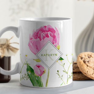 Taza De Café Monograma ilustrado de peonía rosa y margarita
