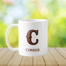 Taza De Café Monograma Inicial de Cuero Occidental Trabajado C