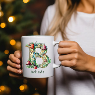 Taza De Café Monograma Inicial de Navidad Personalizada B
