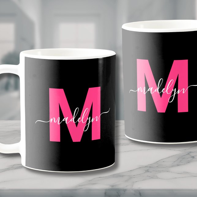 Taza De Café Monograma inicial de nombre de guión rosa elegante (Elegant Pink Script Name Initial Monogram Coffee Mug)