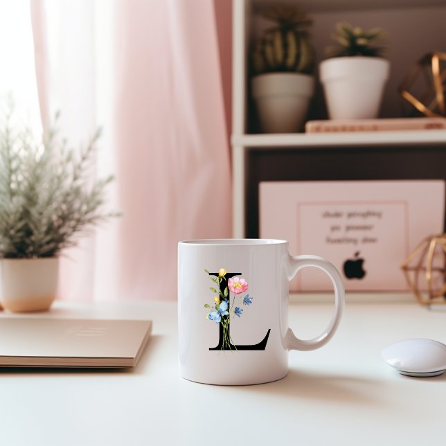 Taza De Café Monograma inicial floral L Mug (Subido por el creador)