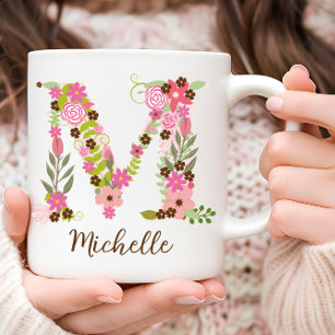 Taza De Café Monograma Inicial Floral Personalizada M Flor Rosa