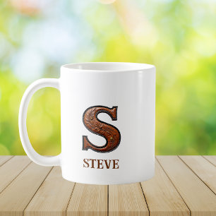 Taza De Café Monograma Inicial S de Cuero Occidental Trabajado
