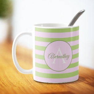 Taza De Café Monograma inicial y nombre Pastel de rayas verdes 